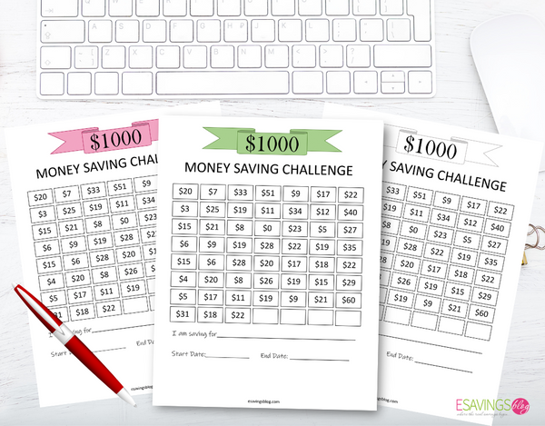 $1000 Money Saving Challenge Printable Sheets